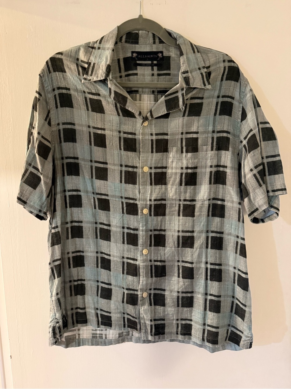 All Saints Men’s Black & Light Green Plaid Short Sleeve Button-Up